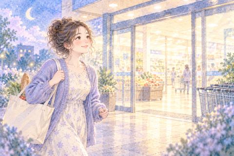スーパーの入口へ向かって歩く女性