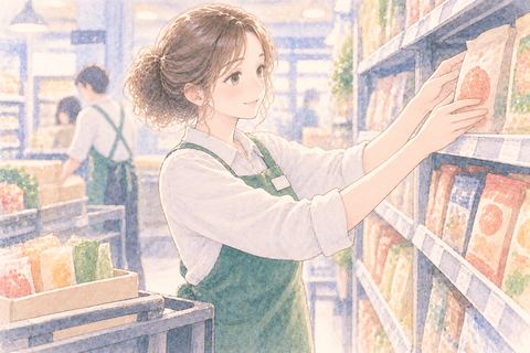 スーパーで商品を棚に並べて働く女性