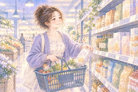 スーパーの商品を選んでかごに入れる女性