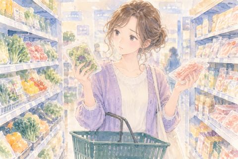 商品棚の前で迷いながら見比べる女性