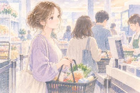 商品を入れたかごを持ってレジに並ぶ女性