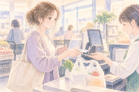 スーパーのレジで会計を済ませる女性