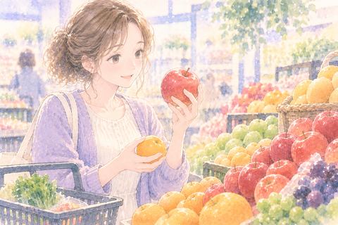 色鮮やかな果物を選ぶ女性