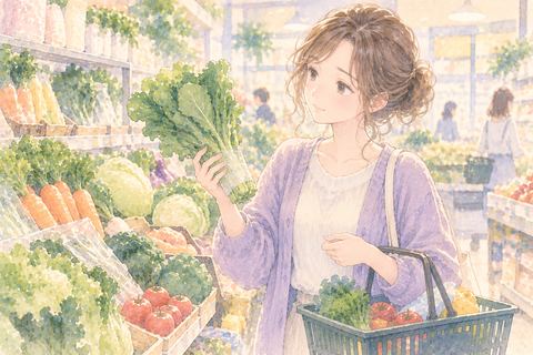 新鮮な野菜を落ち着いて選ぶ女性