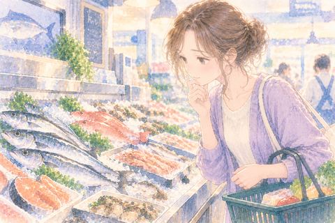 鮮魚売り場で魚を選ぶ女性