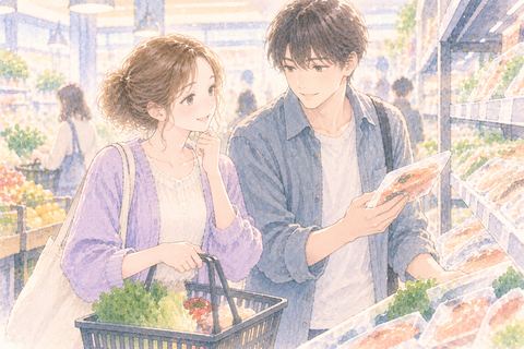 スーパーで異性と一緒に商品を選ぶ女性