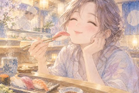 寿司をおいしそうに食べる大人の女性