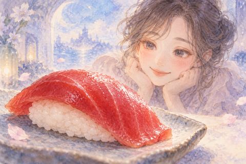 マグロの寿司を見つめる大人の女性