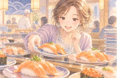 サーモンの寿司を楽しそうに選ぶ女性