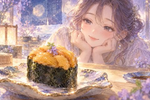 うにの寿司を特別そうに見つめる女性