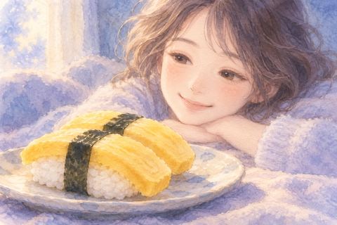 玉子の寿司を見てほっとする大人の女性