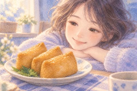 いなり寿司を前に安心した表情の女性