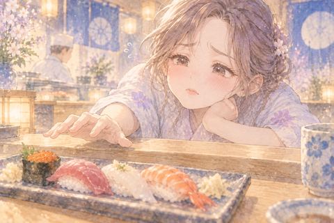 目の前の寿司を食べられず困る女性