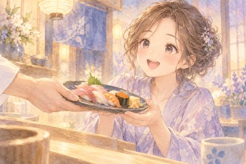 寿司の皿を差し出され受け取る女性