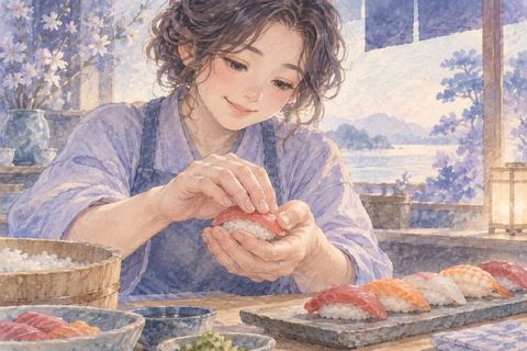 寿司を丁寧に握る大人の女性