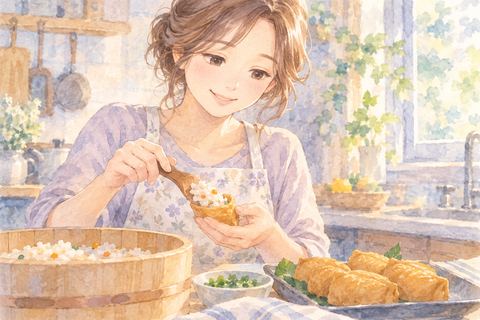 台所でいなり寿司を作る大人の女性