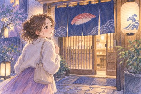 寿司屋の入口へ向かう大人の女性