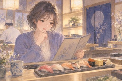 寿司屋でメニューを見ながら迷う女性