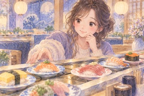 回転寿司で流れる皿を選ぶ大人の女性