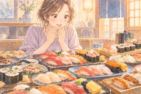 たくさん並ぶ寿司を前に驚く女性