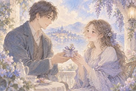 男性から小さなお菓子を受け取り照れる大人の女性