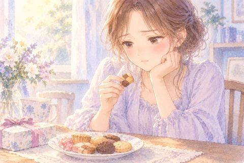 もらったお菓子を前に食べるのをためらう女性
