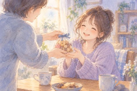 親しい人からお菓子を受け取りほっとする女性