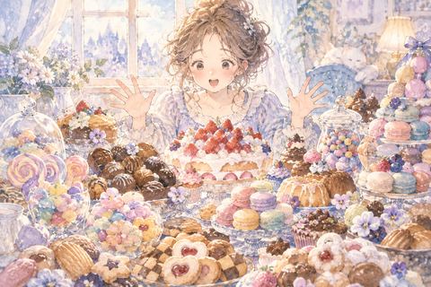 大量のお菓子を前に驚く大人の女性