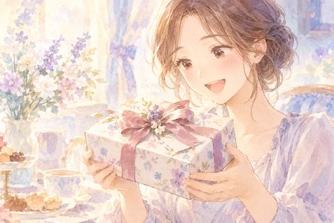 上品な菓子箱を受け取り見つめる大人の女性