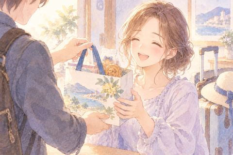 旅のお土産のお菓子を受け取り微笑む女性