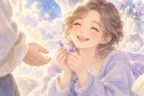 お菓子を受け取り満面の笑みを見せる女性