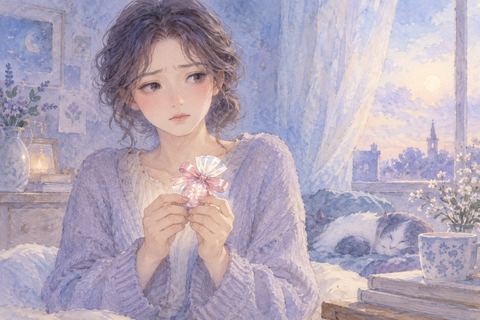 お菓子を受け取っても浮かない表情の女性