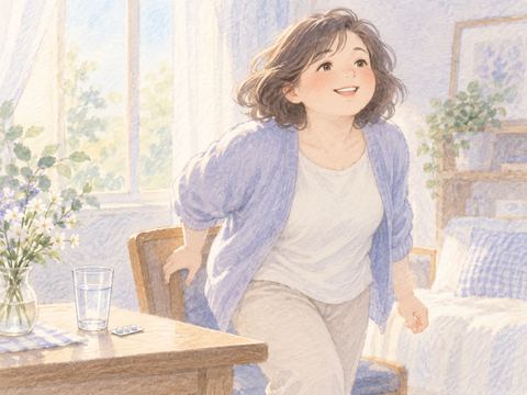 薬を飲んだあと元気になり、晴れやかに微笑む女性