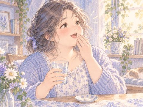甘く感じる薬を飲み、うれしそうに微笑む女性