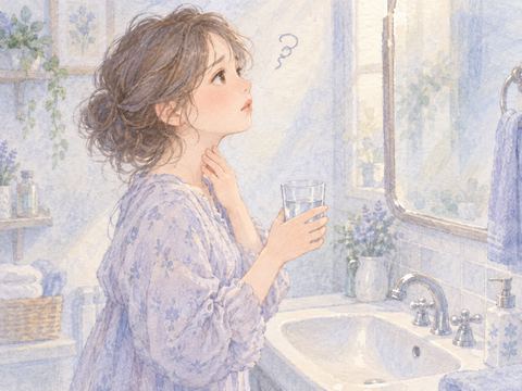 薬が喉につかえ、首元に手を添えて困る女性