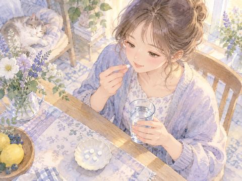 錠剤の数を確かめて水と一緒に飲む女性