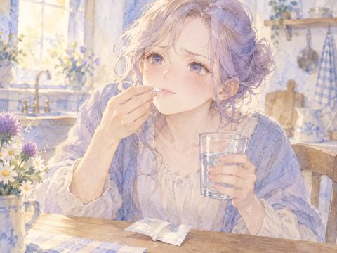 粉薬を水で飲もうとして少し困った顔をする女性