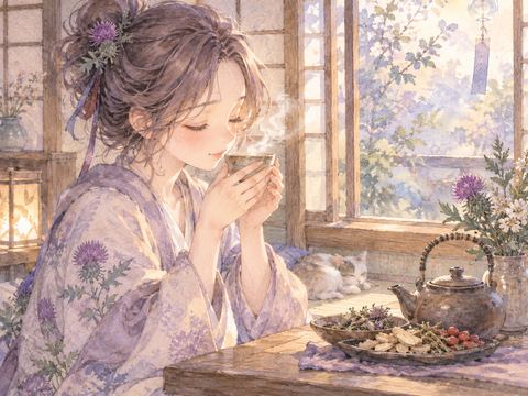 温かな漢方薬をゆっくり飲む穏やかな女性
