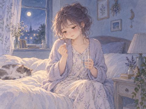 頭に手を添えながら痛み止めを飲もうとする女性