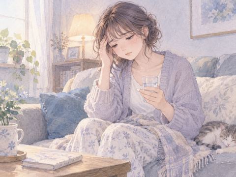 お腹を押さえながら胃薬を飲もうとする女性