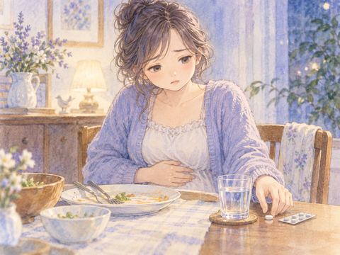 ベッドで休みながら薬と水を飲む体調の悪い女性