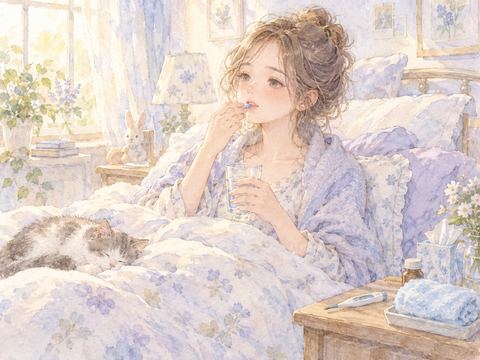 診察室で医師から薬を受け取り水で飲む女性