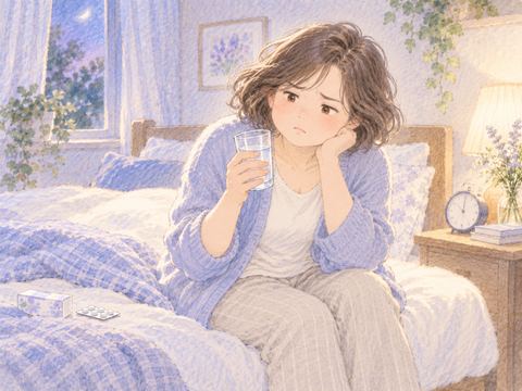 薬を飲んでも楽にならず、困った表情で座る女性