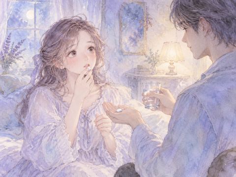 見知らぬ人から薬を受け取り戸惑いながら飲む女性