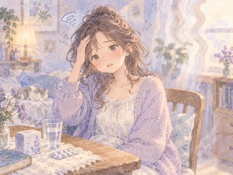 薬を飲んだあとめまいを感じ、椅子に座る女性