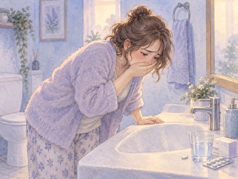 薬を飲んだあと洗面台で吐き気を感じる女性