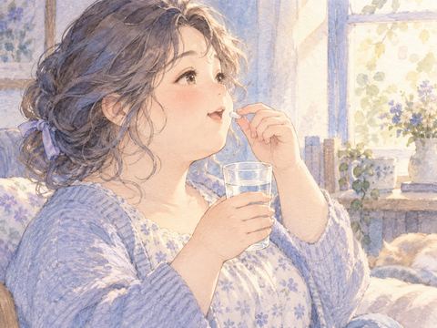 コップの水で錠剤をすんなり飲む女性