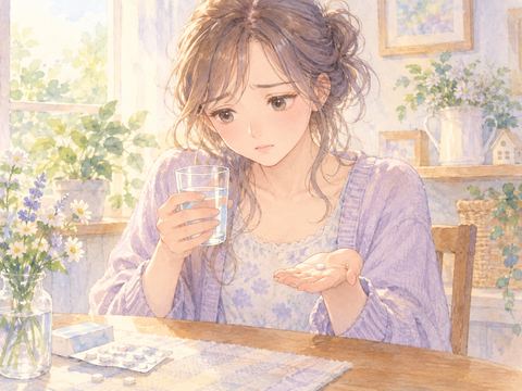 錠剤を手に持ち、飲むのをためらう女性