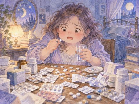 大量の錠剤を前に焦りながら薬を飲もうとする女性