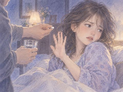 差し出された薬を嫌がり、顔をそむける女性